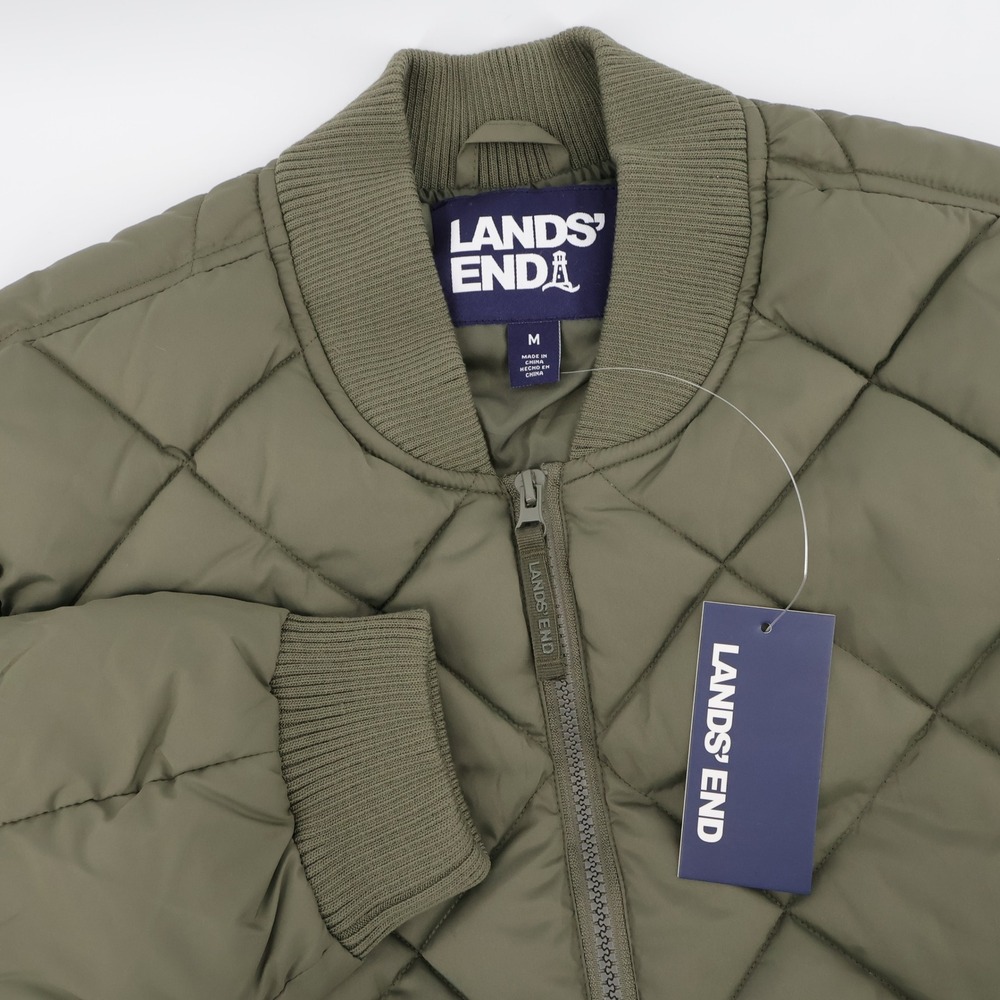 NEW Lands End Quilted Bomber Jacket Olive Long Sleeve Mens Medium MSRP $139